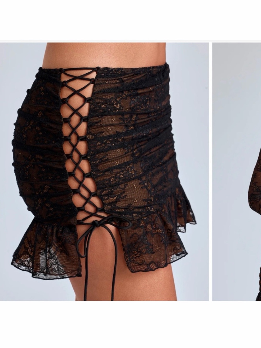 Oh Polly Black Lace Crop Top & Tan Lined Mini Skirt - Picture 3 of 8